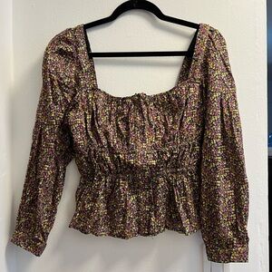 J Crew Liberty Square Neck Cinched-waist Busy Izzy Print Floral Blouse Top